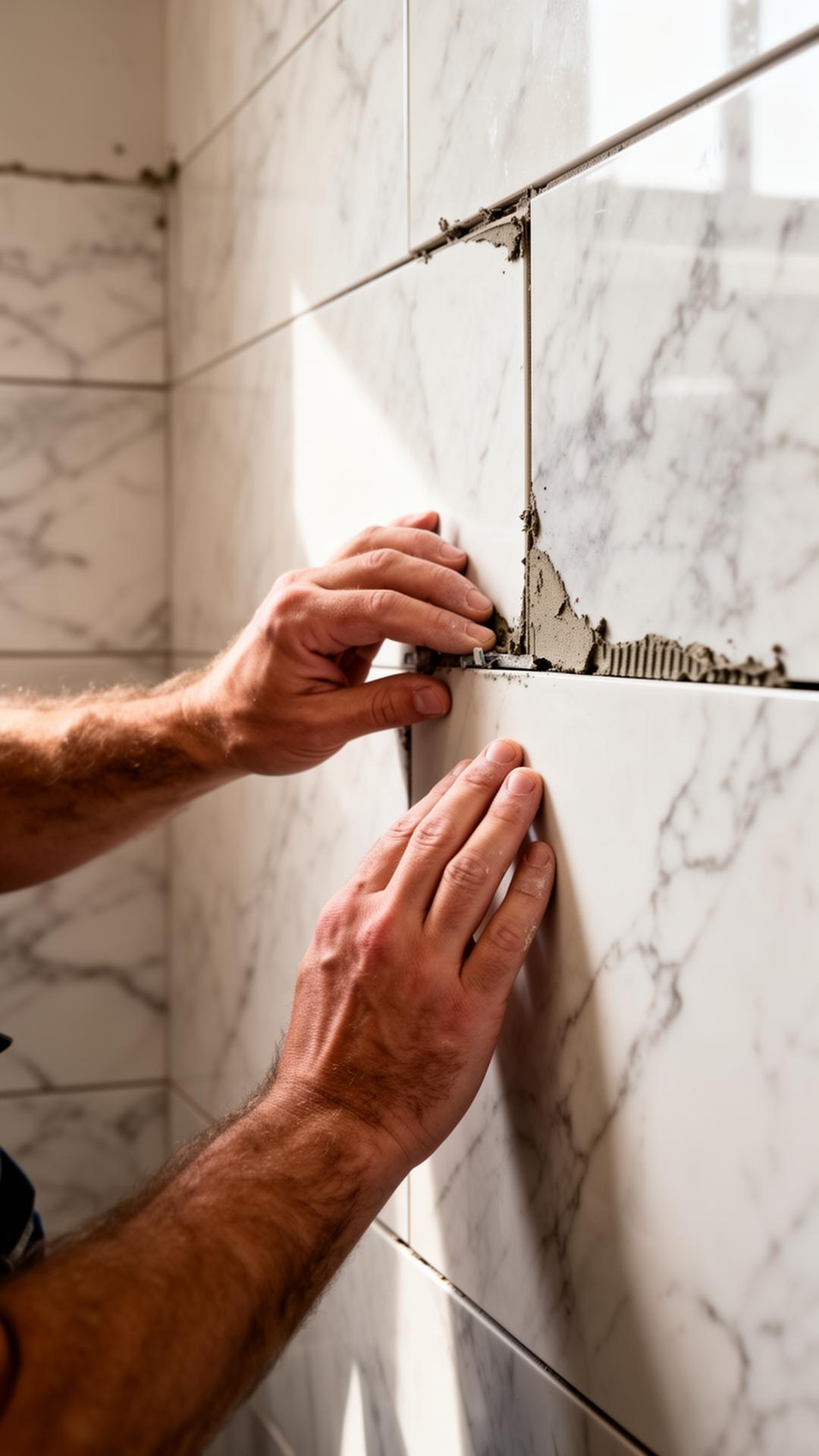 Tile setter installing large-format marble tile in a Tampa bathroom remodel